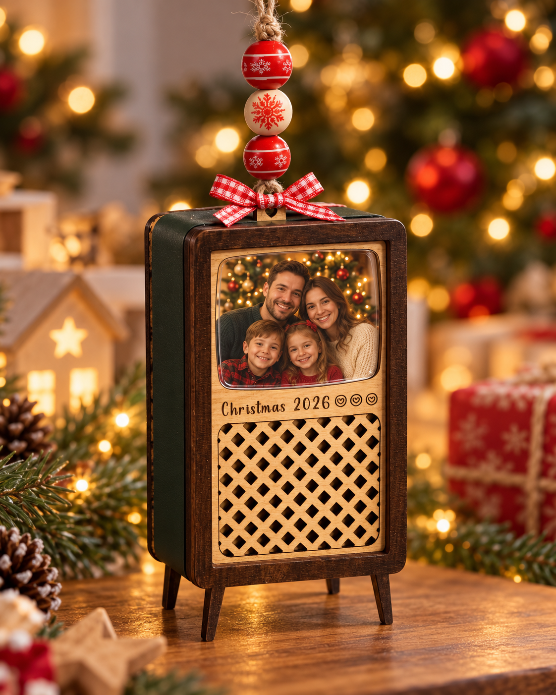 Handcrafted retro TV Christmas memory keepsake with family photo and 60-second voice recording