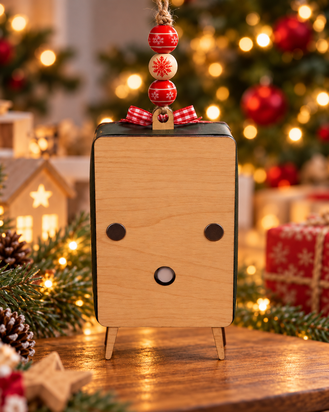Back panel of freestanding handcrafted wooden retro TV memory keepsake