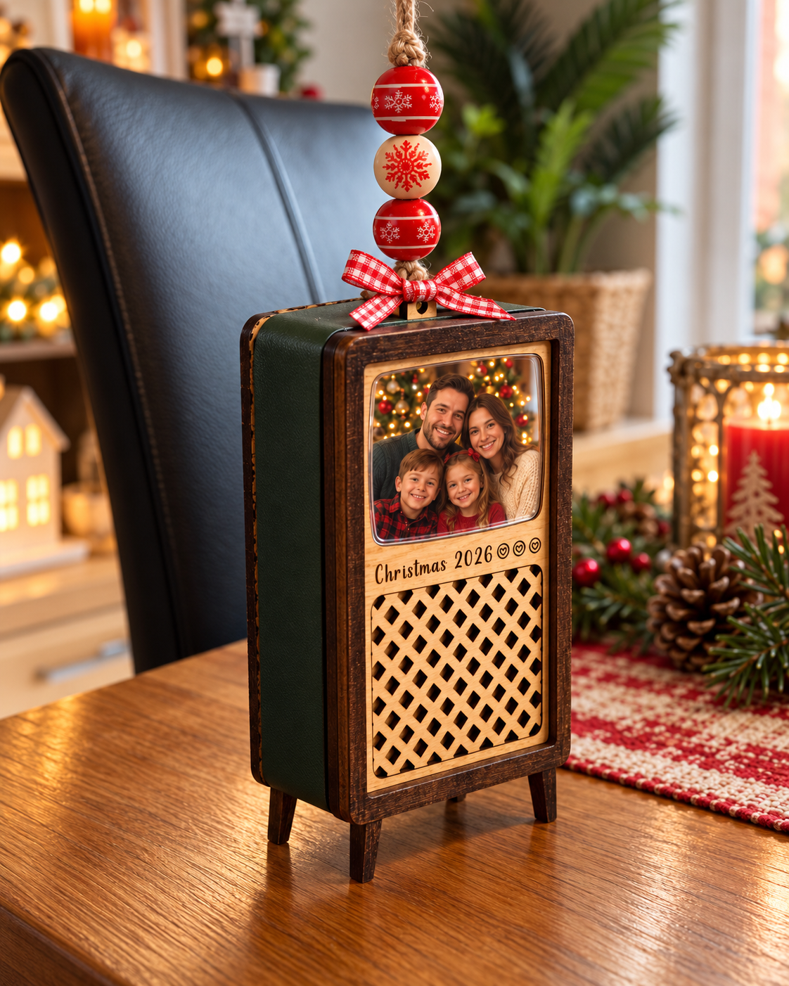 Angled view of wooden Christmas TV photo frame showing dark green faux leather sides