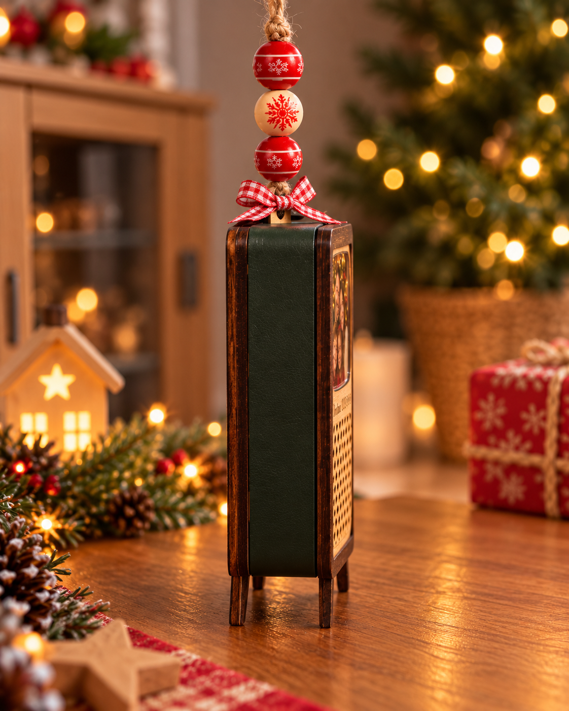 Side profile of retro TV keepsake with dark green faux leather and snowflake beads