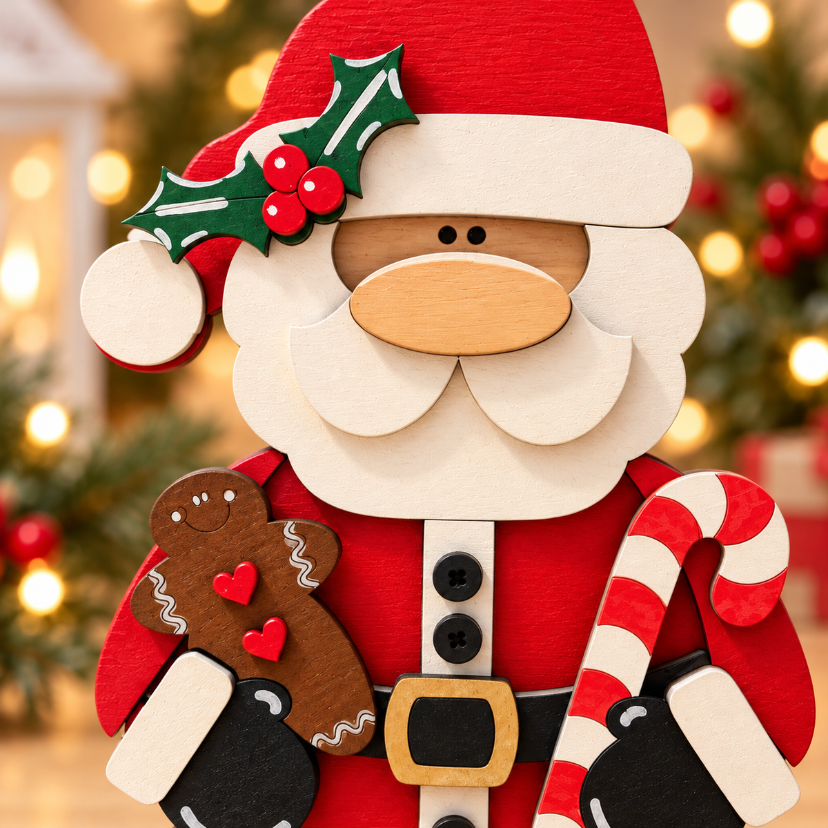 Close-up of layered wood Santa hand-painted details and gingerbread