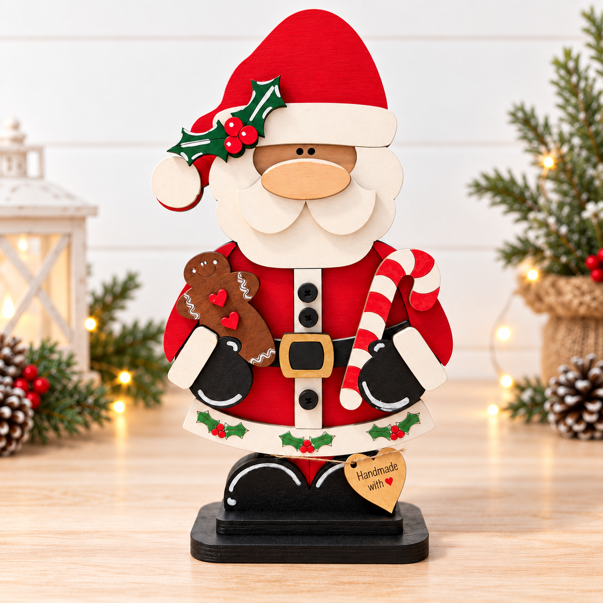 Handmade hand-painted wooden Santa with gingerbread and candy cane, 25 cm, front view