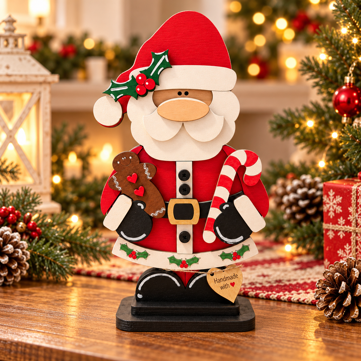 Wooden Santa Christmas decoration in festive lifestyle setting