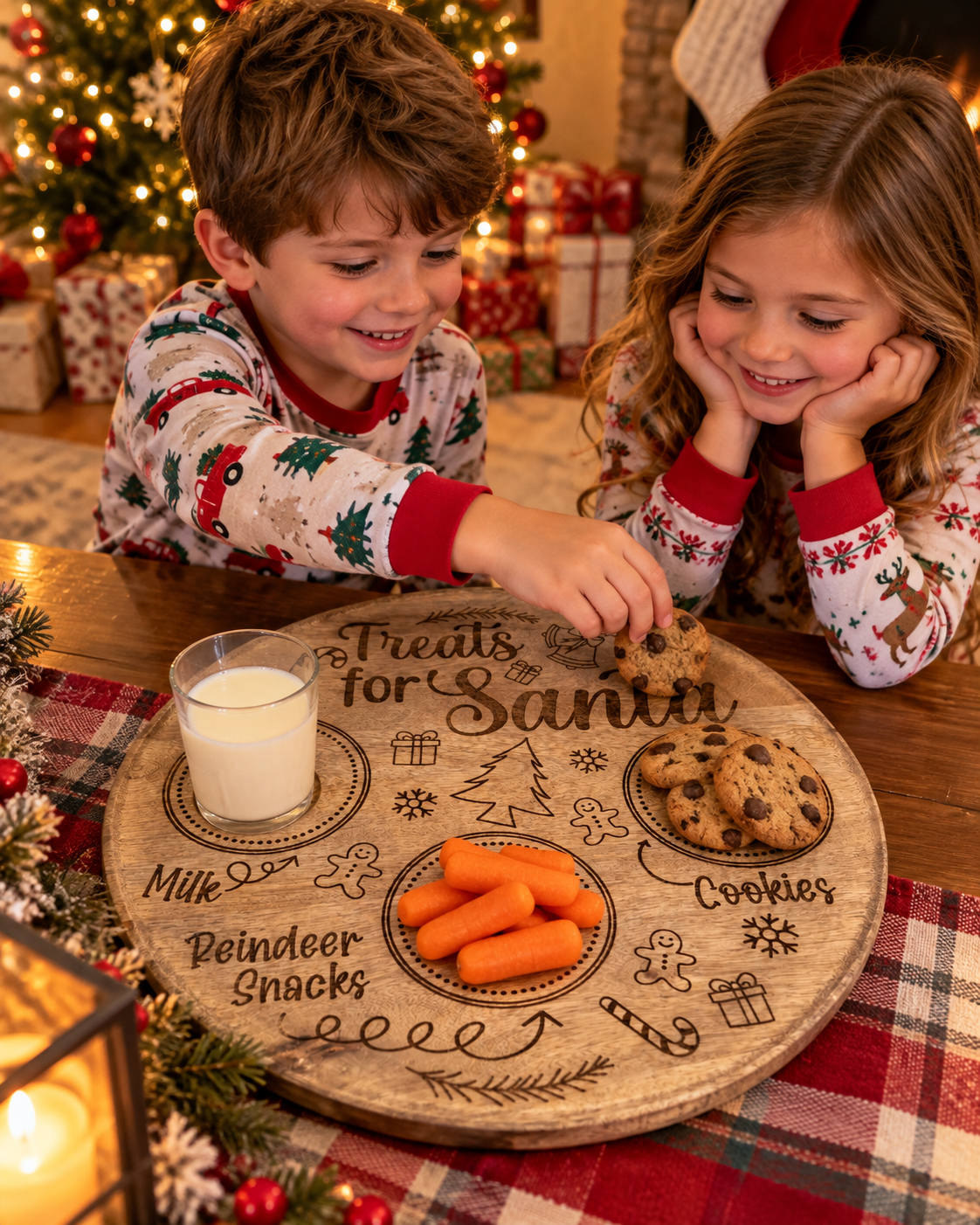 Children preparing treats for Santa with a wooden Christmas Eve plate