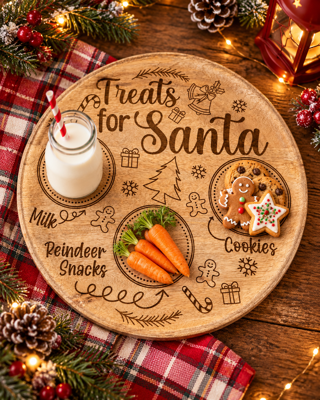 Festive Santa Treats Plate made from engraved mango wood with Christmas treats