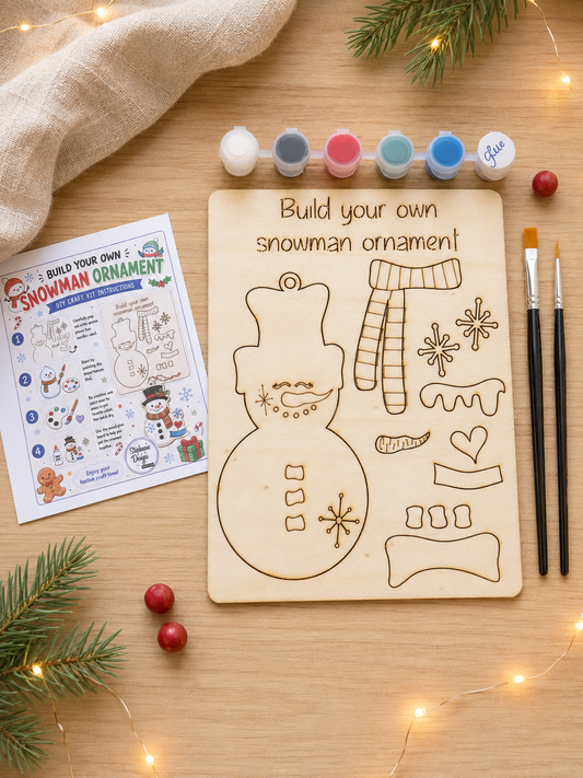 Unpainted wooden snowman DIY craft kit with paints, two brushes, glue and instructions
