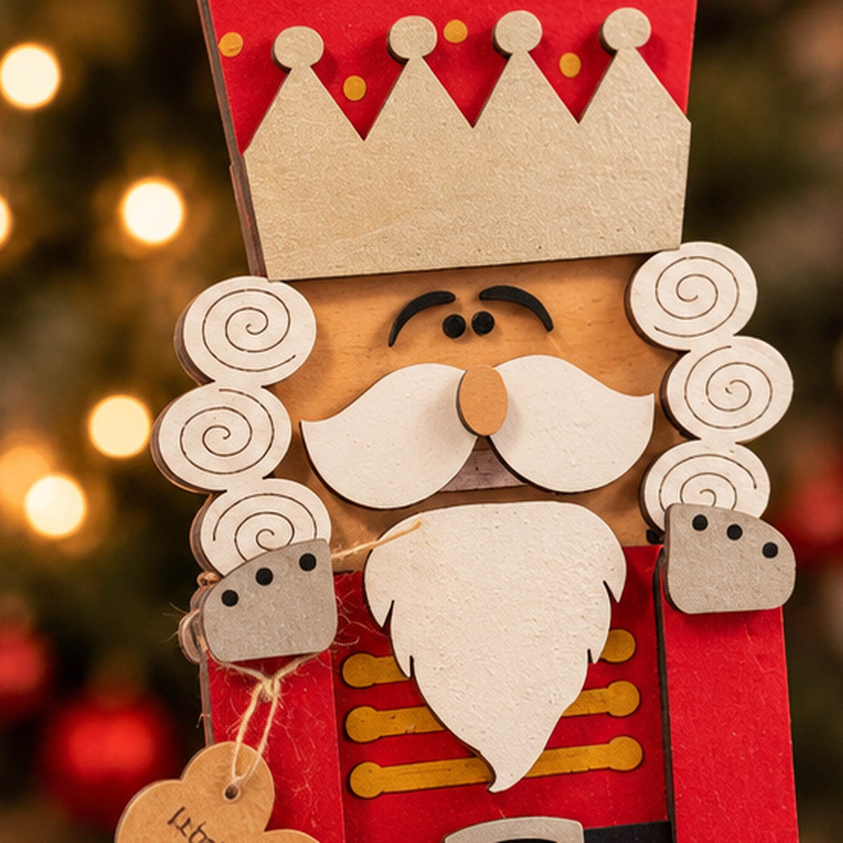 Close-up of the nutcracker's layered wood and hand-painted details